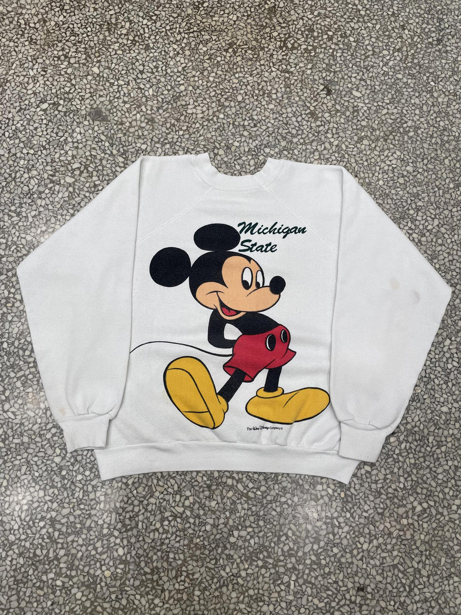 Michigan State Vintage 80s Mickey Mouse Crewneck Faded White ABC