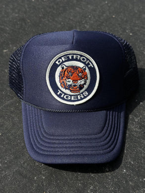 ABC Vintage Detroit Tigers Vintage Tiger Head Round Patch #1 Trucker Hat (Navy) ABC Vintage 