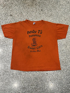 Andy T's Pumpkins Sweet Corn St. Johns Michigan Vintage 90s Russell Tee Orange ABC Vintage 