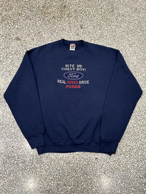 Bite Me Chevy Boy Real Women Drive Fords Vintage 90s Crewneck Navy ABC Vintage 