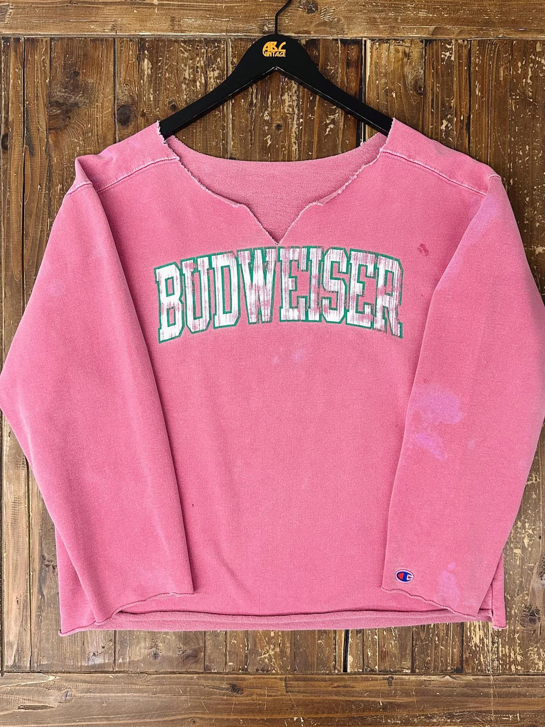 Budweiser Vintage 90s Cut Neck Cropped Champion Sweatshirt Faded Pink ABC Vintage 