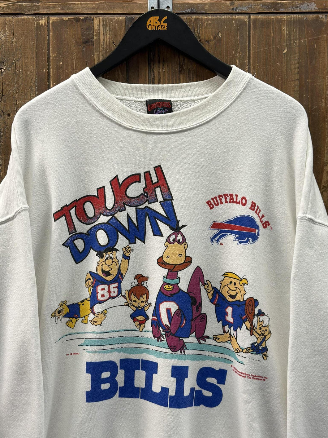 Buffalo Bills Vintage 1993 Touch Down Flintstones Team Crewneck Faded White ABC Vintage 