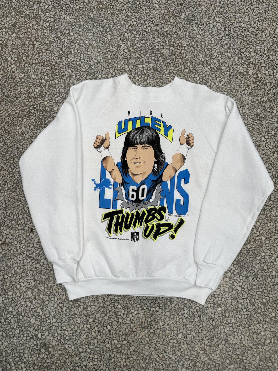 Detroit Lions Vintage 1991 Mike Utley Thumbs Up Crewneck White ABC Vintage 