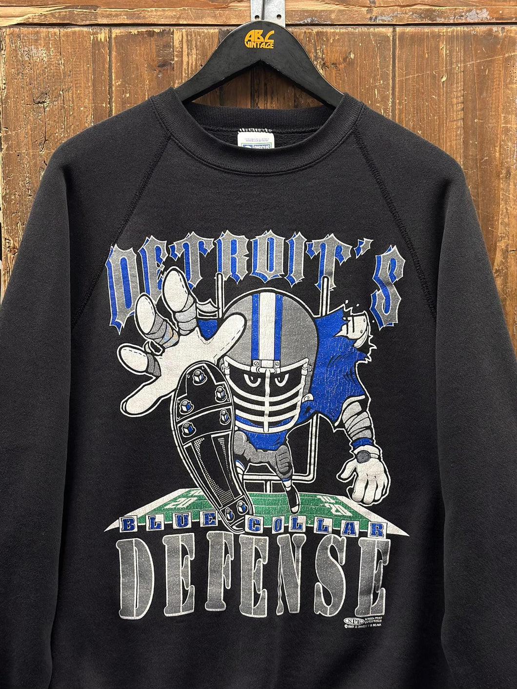 Detroit Lions Vintage 1993 Detroit's Blue Collar Defense Crewneck Faded Black ABC Vintage 