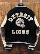 Load image into Gallery viewer, Detroit Lions Vintage 90s Chalk Line Varsity Jacket Black Cream Light Blue Collar ABC Vintage 