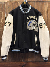 Load image into Gallery viewer, Detroit Lions Vintage 90s Chalk Line Varsity Jacket Black Cream Light Blue Collar (Damaged/Aged) ABC Vintage 