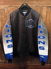 Load image into Gallery viewer, Detroit Lions Vintage 90s Football Club Chalk Line Satin Bomber Jacket Black ABC Vintage 