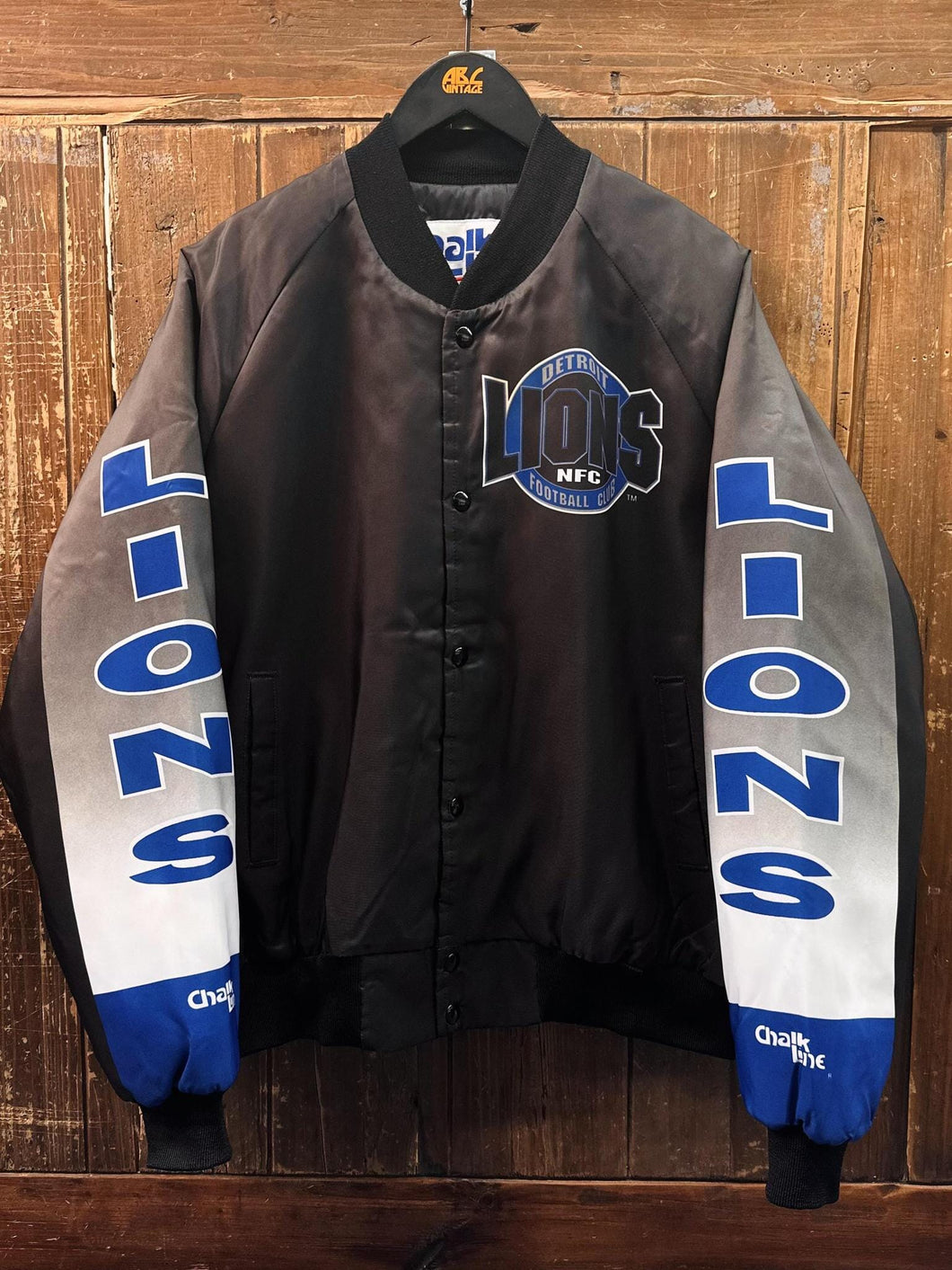 Detroit Lions Vintage 90s Football Club Chalk Line Satin Bomber Jacket Black ABC Vintage 