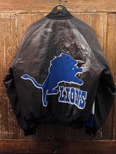 Load image into Gallery viewer, Detroit Lions Vintage 90s Football Club Chalk Line Satin Bomber Jacket Black ABC Vintage 