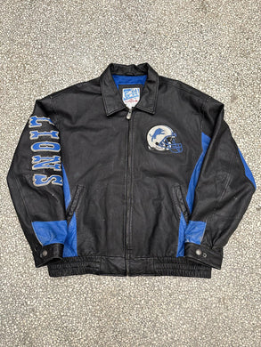 Detroit Lions Vintage 90s Leather Jacket Black Blue ABC Vintage 