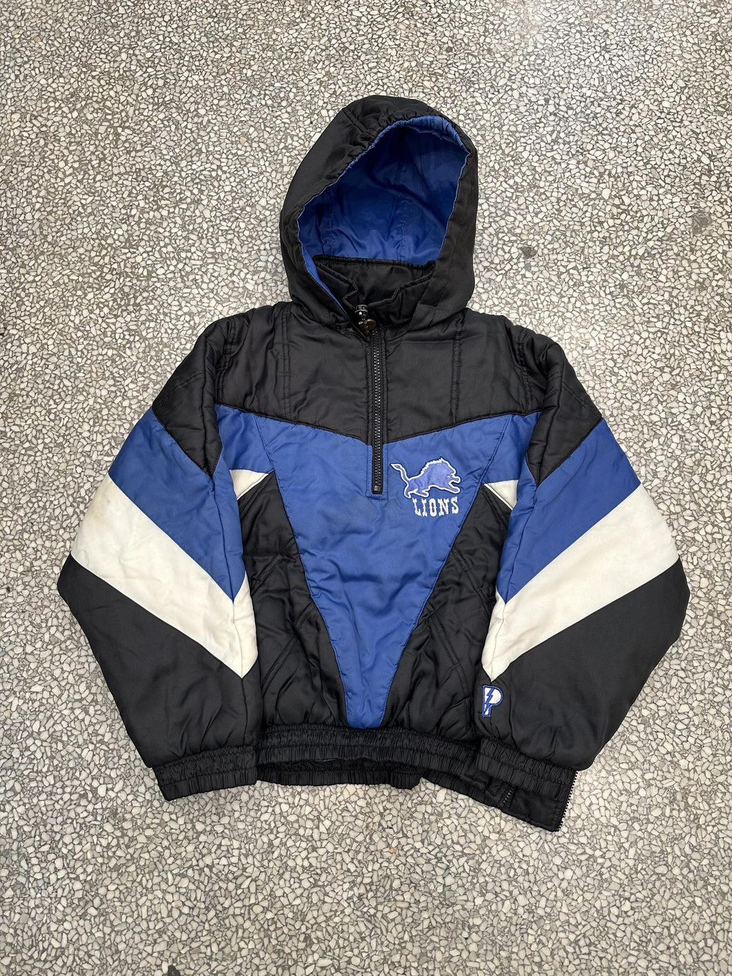 Detroit Lions Vintage 90s Pro Player Hooded Puffer Anorak Jacket Black Blue White ABC Vintage 