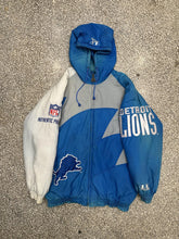 Load image into Gallery viewer, Detroit Lions Vintage 90s Shark Tooth Hooded Zip Up Logo Athletic Puffer Jacket Faded Blue Grey ABC Vintage 