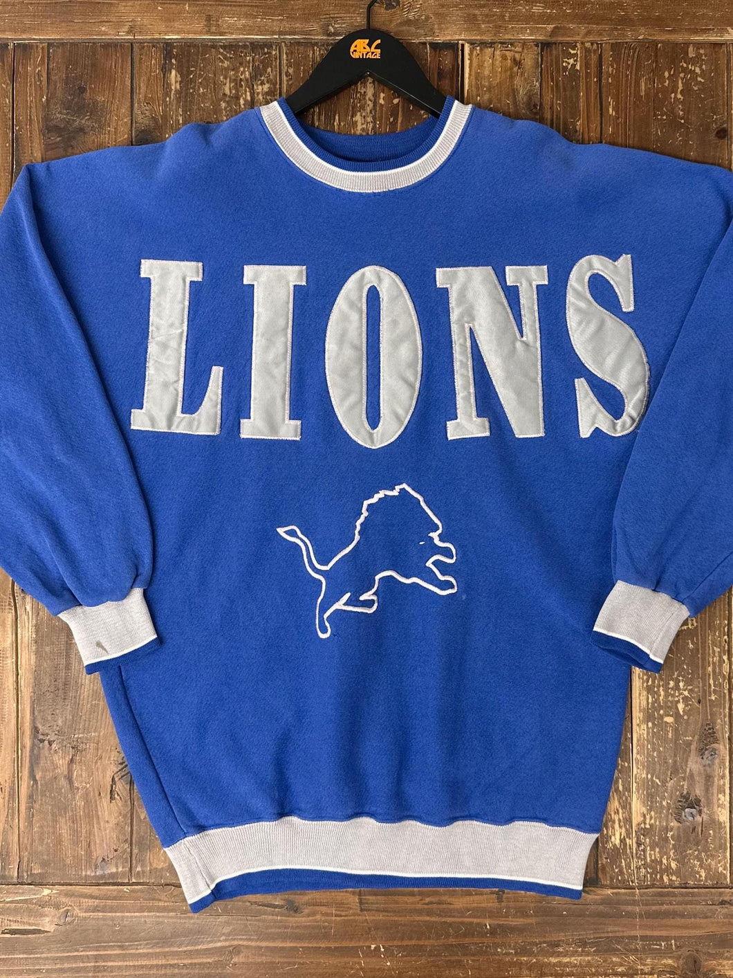 Detroit Lions Vintage 90s Spell Out Satin Patches Logo Crewneck Blue ABC Vintage 