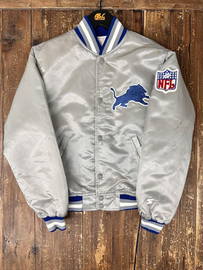 Detroit Lions Vintage 90s Youth Starter Satin Bomber Jacket Silver ABC Vintage 