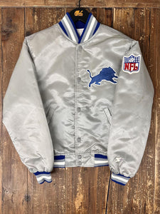Detroit Lions Vintage 90s Youth Starter Satin Bomber Jacket Silver ABC Vintage 