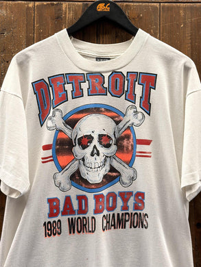 Detroit Pistons Bad Boys Vintage 1989 World Champions Skull Tee Faded White Rare ABC Vintage 