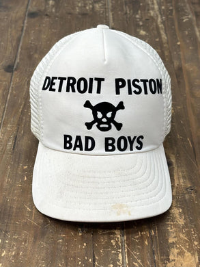 Detroit Pistons Bad Boys Vintage 80s Trucker Hat White Black Puff Print ABC Vintage 