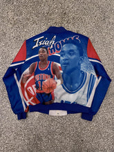 Load image into Gallery viewer, Detroit Pistons Isiah Thomas Vintage 90s Chalk Line Satin Bomber Jacket All Over Print ABC Vintage 