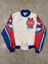 Load image into Gallery viewer, Detroit Pistons Isiah Thomas Vintage 90s Chalk Line Satin Bomber Jacket All Over Print ABC Vintage 