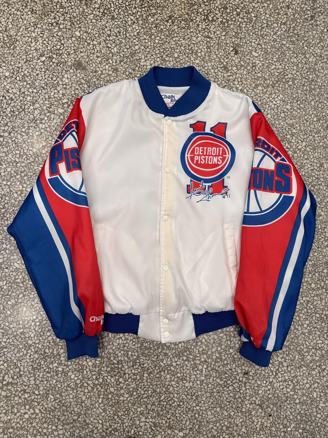Detroit Pistons Isiah Thomas Vintage 90s Chalk Line Satin Bomber Jacket All Over Print ABC Vintage 