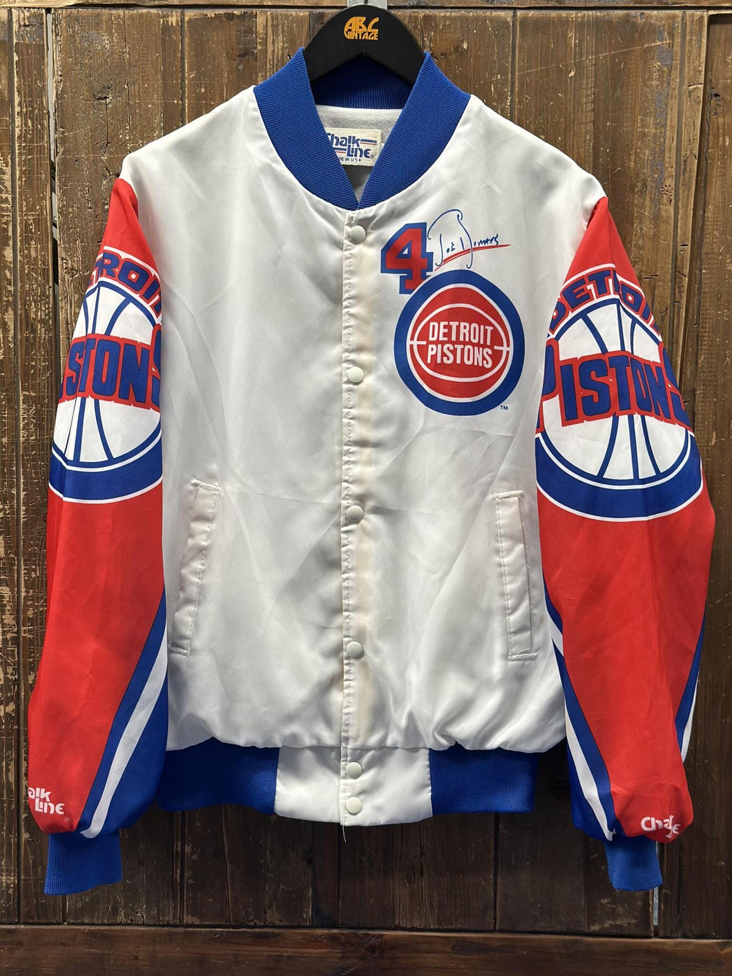 Detroit Pistons Joe Dumars Vintage 90s Chalk Line Satin Bomber Jacket All Over Print ABC Vintage 