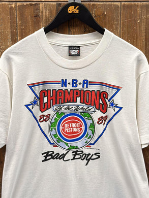 Detroit Pistons Vintage 1988-1989 Bad Boys NBA Champions of The World Earth Tee White ABC Vintage 