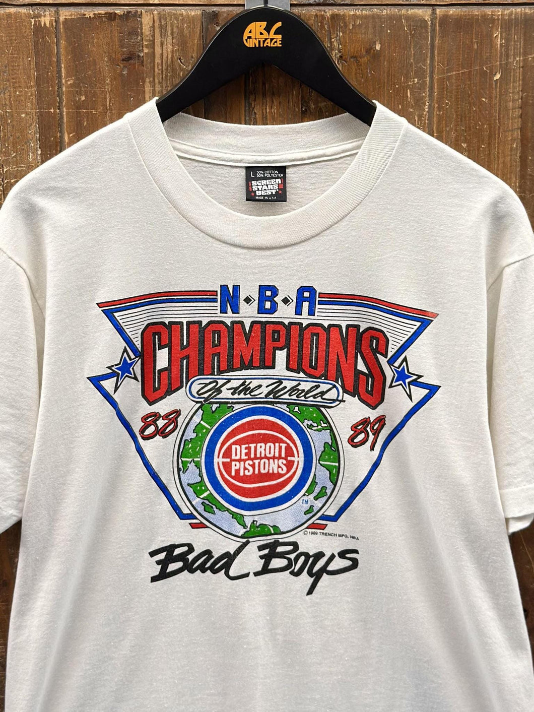 Detroit Pistons Vintage 1988-1989 Bad Boys NBA Champions of The World Earth Tee White ABC Vintage 