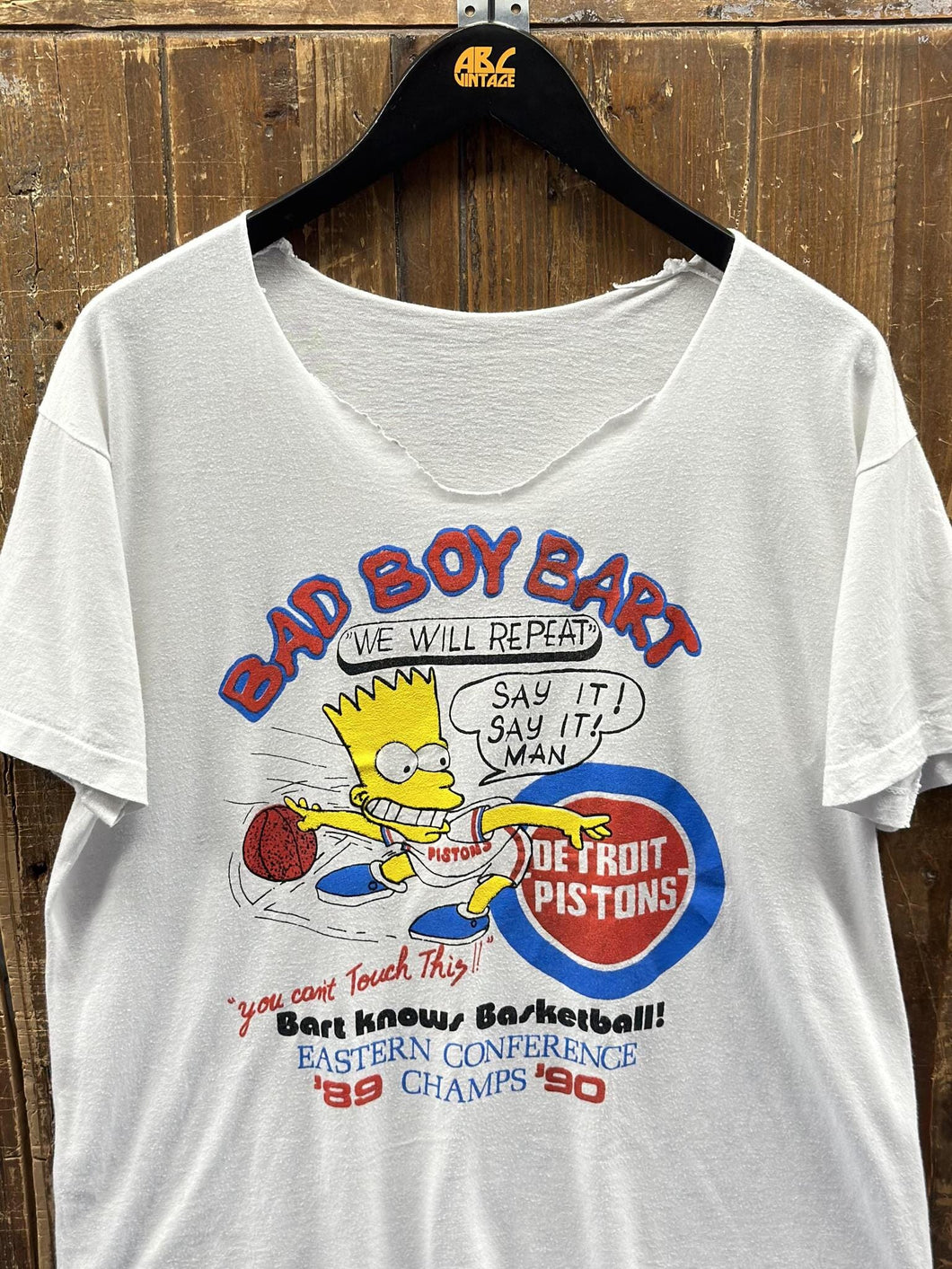Detroit Pistons Vintage 1989-1990 Bad Boy Bart Simpson We Will Repeat Say It Cut Neck Tee White ABC Vintage 