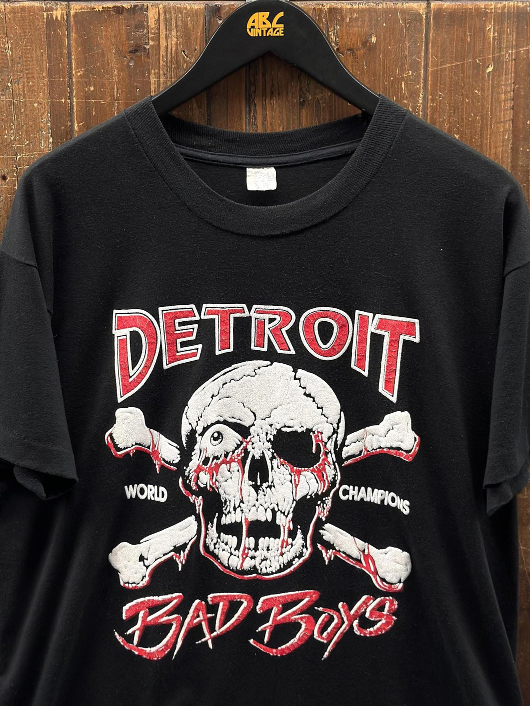Detroit Pistons Vintage 80s Bad Boys World Champions Skull Puff Print Tee Black Red ABC Vintage 