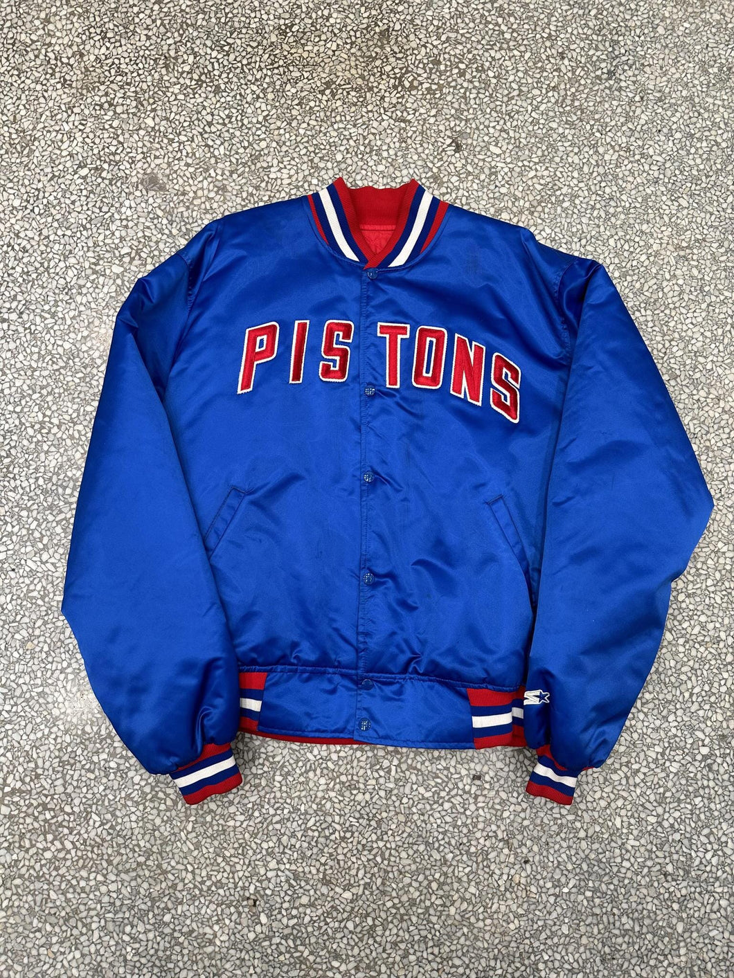 Detroit Pistons Vintage 90 Spell Out Starter Satin Bomber Jacket Blue ABC Vintage 