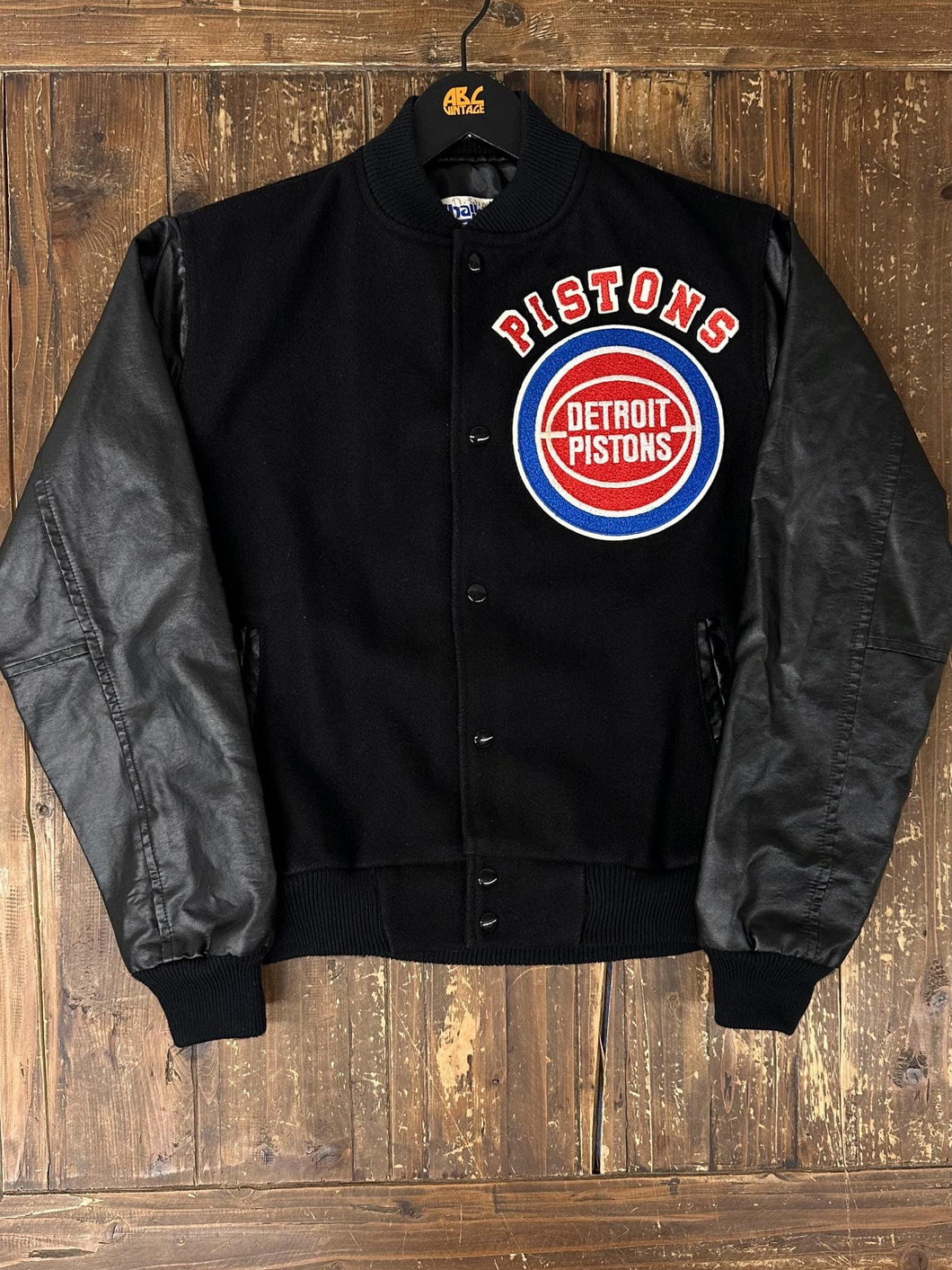 Detroit Pistons Vintage 90s Chalkline Leather Sleeve Wool Varsity Jacket Black ABC Vintage 