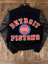 Load image into Gallery viewer, Detroit Pistons Vintage 90s Chalkline Leather Sleeve Wool Varsity Jacket Black ABC Vintage 