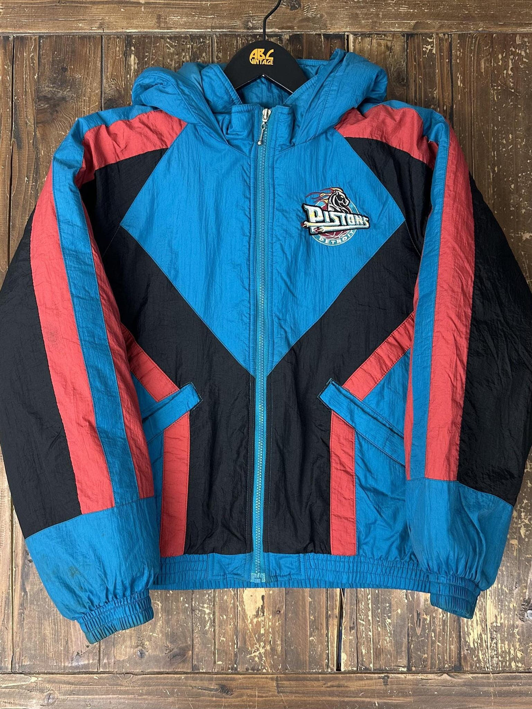 Detroit Pistons Vintage 90s Hooded Zip Up Puffer Jacket Teal Black ABC Vintage 