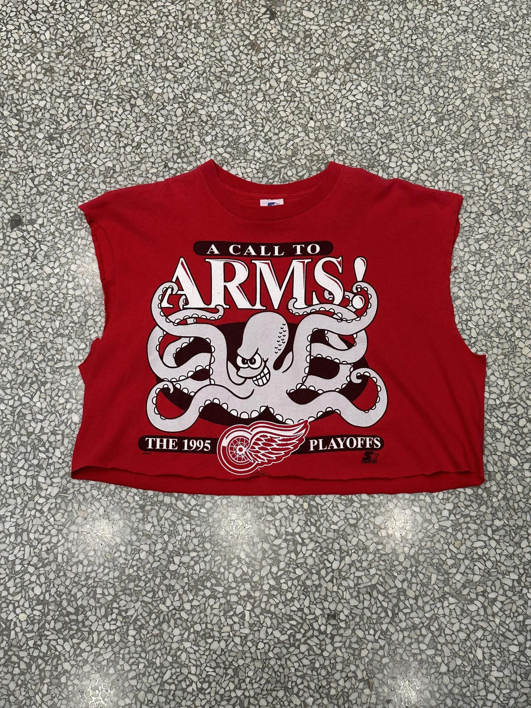 Detroit Red Wings Vintage 1995 Playoffs A Call To Arms Octopus Cropped Cutoff Tee Red ABC Vintage 