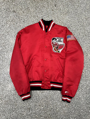 Detroit Red Wings Vintage 90s Cartoon Player Patch Starter Satin Bomber Jacket Red ABC Vintage 