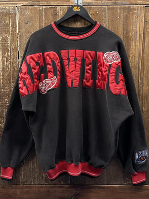 Detroit Red Wings Vintage 90s Satin Spell Out Logo Crewneck Faded Black Red ABC Vintage 