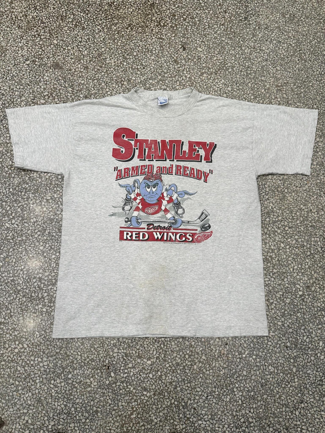 Detroit Red Wings Vintage 90s Stanley Armed And Ready Octopus Salem Tee Grey ABC Vintage 