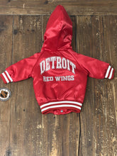 Load image into Gallery viewer, Detroit Red Wings Vintage 90s Youth Locker Line Hooded Satin Bomber Jacket Red ABC Vintage 
