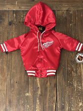 Load image into Gallery viewer, Detroit Red Wings Vintage 90s Youth Locker Line Hooded Satin Bomber Jacket Red ABC Vintage 