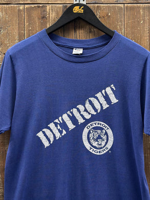 Detroit Tigers Vintage 80s Champion Tee Paper Thin Faded Blue White ABC Vintage 