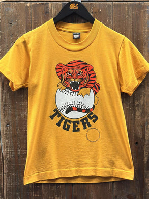 Detroit Tigers Vintage 80s Youth Tiger On Baseball Tee Yellow ABC Vintage 