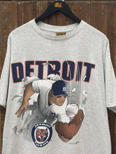 Load image into Gallery viewer, Detroit Tigers Vintage 90s Cartoon Player Catching Baseball Breaking Through Nutmeg Tee Grey ABC Vintage 