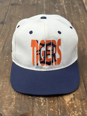 Detroit Tigers Vintage 90s Spell Out Orange Logo Snapback Cream Navy ABC Vintage 