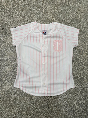 Detroit Tigers Vintage 90s Women's Majestic Baseball Jersey White Pink Pinstripes ABC Vintage 