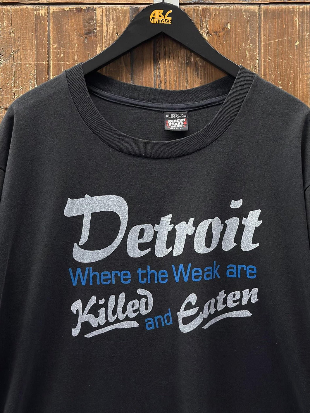 Detroit Where The Weak Are Killed And Eaten Vintage 80s Tee Black White Blue ABC Vintage 