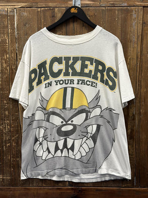 Green Bay Packers Vintage 1993 In Your Face Taz Devil Paper Thin Faded White ABC Vintage 