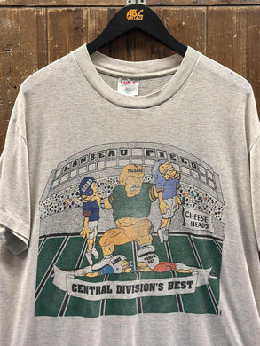 Green Bay Packers Vintage 90s Cheese-Heads Cartoon Tee Paper Thin Grey ABC Vintage 