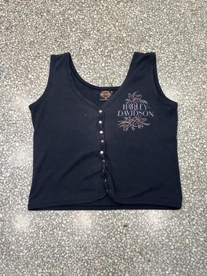 Harley Davidson Vintage 90s Buttoned Up Vest Tank Top Tee Faded Black ABC Vintage 