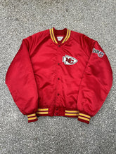 Load image into Gallery viewer, Kansas City Chiefs Vintage 90s Spell Out Chalk Line Satin Bomber Jacket ABC Vintage 