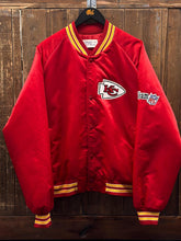 Load image into Gallery viewer, Kansas City Chiefs Vintage 90s Spell Out Chalk Line Satin Bomber Jacket ABC Vintage 
